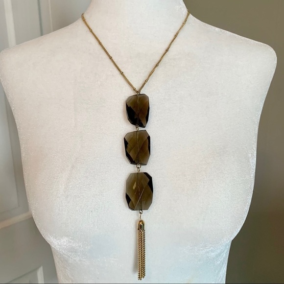 Gold and Grey Crystal & Tassel Statement Necklace - Picture 6 of 7